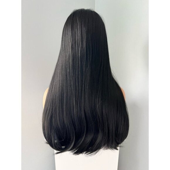 Long Black 24 inch Silky Straight Synthetic Wig with Bangs - Picture 4 of 5